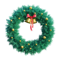 Christmas wreath with golden balls, dangling bells and bow ribbons.