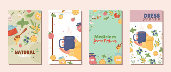 Collection of disease treatment natural medicine postcard. Collection of natural ingredients and wild fruit product, honey and jam. Concept of illness treatment, healthcare. Vector illustration