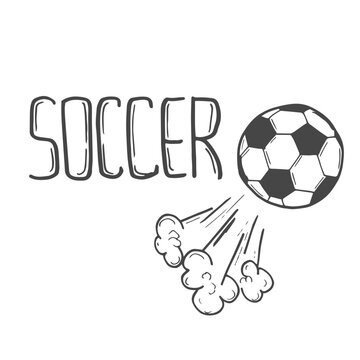 doodle hand drawn Soccer word and flying ball sketch