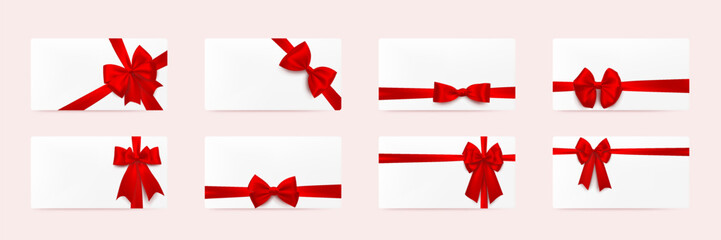 White gift card with red ribbon and bow collection. Set of holiday present, birthday celebration surprise, sale coupon, empty mockup and copy space. Vector illustration