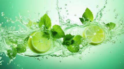 leaf splash juice drink minty illustration green lemon, ingredient fresh, refreshment fruit leaf...