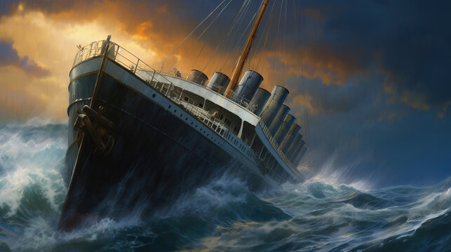 The Titanic Colliding With An Iceberg Depicting The Moment of Impact in The Midst of The Dark and Icy Ocean Seascape Background