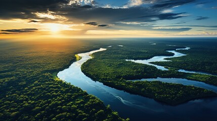Aerial view of the rainforest and the Amazon River at sunset - obrazy, fototapety, plakaty