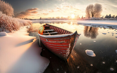 A Small Red Longboat in the Canal of Frozen Water Background