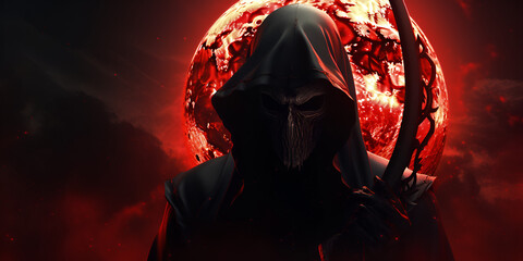 person in a dress,A red death with a scythe on it,Grim Reaper Unleashed A Foreboding Profile Picture on a Dark Background,A picture of a person holding a torch with the words fire on it - obrazy, fototapety, plakaty