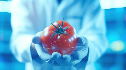 close up hand scientist hold tomato in technology laboratory. GMO and laboratory studies, vegetable, laboratory, biology, science, agriculture, chemical, research, modification