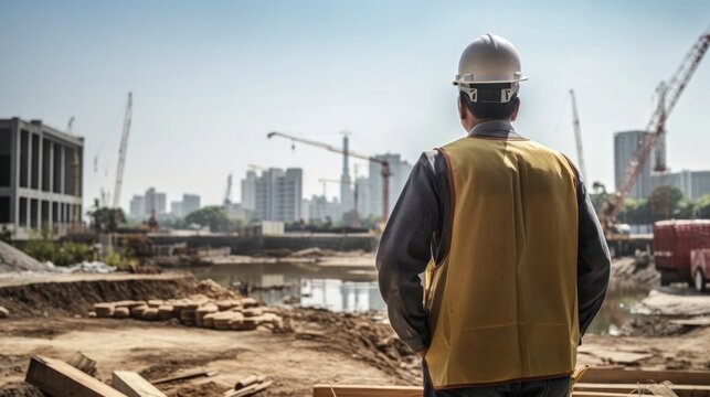civil engineer stands looking at the construction site.Generative ai