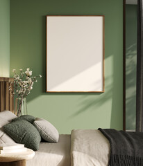 Blank poster frame mockup in modern bedroom interior background on green wall, 3d rendering