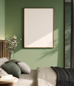 Blank poster frame mockup in modern bedroom interior background on green wall, 3d rendering