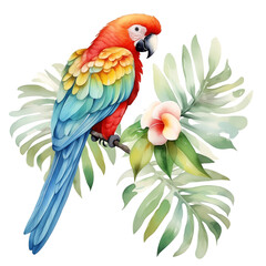 Obraz premium vibrant watercolor parrot perched among tropical leaves and flowers on a white background