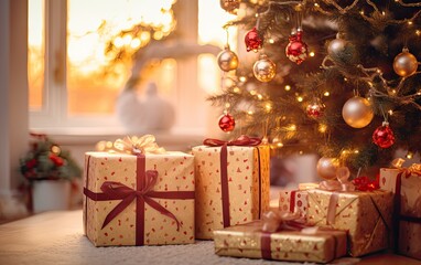 Fototapeta na wymiar Beautifully wrapped Christmas presents arranged under a decorated Christmas tree 