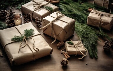 Fototapeta na wymiar Christmas gifts wrapped in eco-friendly kraft paper, decorated with sprigs of pine and tied with biodegradable jute twine