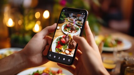 restaurant owner takes a picture of the food on the table with a smartphone to post on a website. Online food delivery, ordering service, influencer, review, social media, share, marketing, interest - obrazy, fototapety, plakaty