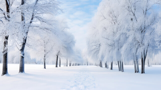 wonderful winter snowy landscape with frozen trees in a large park alley. Ai generated