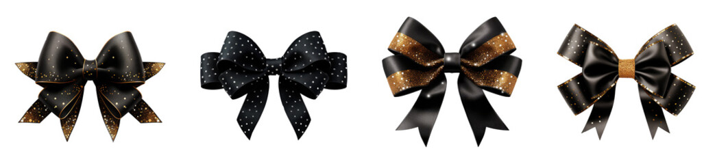 A collection of four elegant black and gold ribbon bows isolated against a transparent background. Ai generated