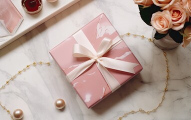 Overhead shot of wrapped pink Christmas present on a festive marble background