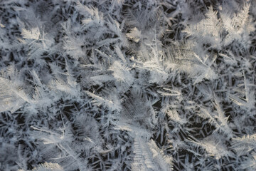 Large crystalline frost grown on ice on a frosty day close-up, northern nature