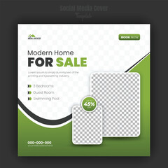 Real estate company property promotion social media cover, modern and luxury house for sale social media post design template, web banner, advertising discount template with green color shapes