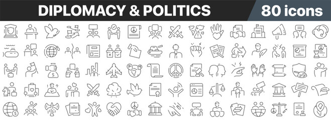 Diplomacy and politics line icons collection. Big UI icon set in a flat design. Thin outline icons pack. Vector illustration EPS10 - obrazy, fototapety, plakaty