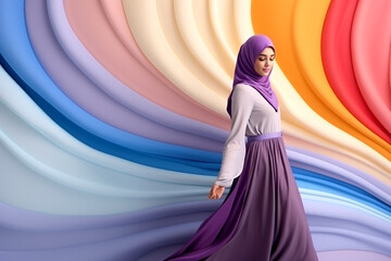 Modern colorful stylish outfit photoshoot of a muslim hijab woman in dynamic shot happy and positive for modest trendy arab women fashion. Generative AI - Powered by Adobe