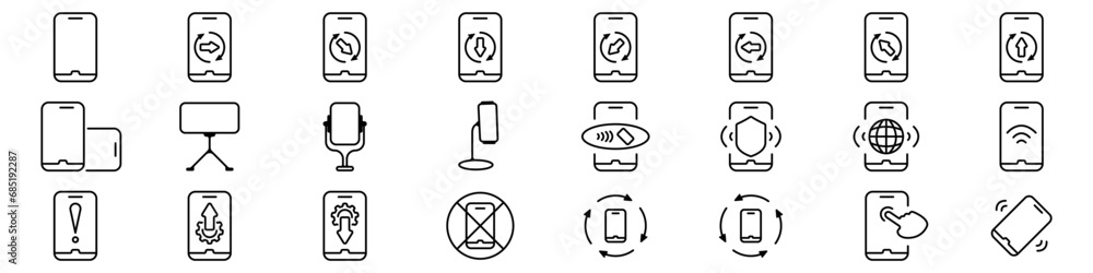 Poster phones vector set of black icons. collection of smartphones for various tasks vector. set of web ico