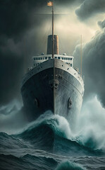 Front of Hull Ride the Wind And Waves Mysterious Stormy Sea The Titanic Sailing Head-On In The Rainstorm Seascape Background
