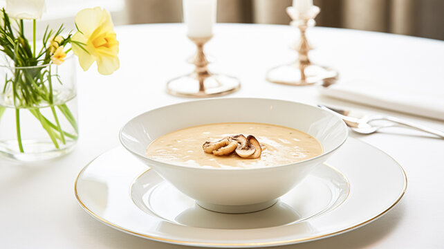Mushroom cream soup in a restaurant, English countryside exquisite cuisine menu, culinary art food and fine dining