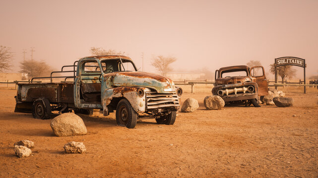 Abandoned trucks at the service station of Solitaire in Komas region, Namibia. The station, located within the Namib Desert, is a popular touristic attraction known for its delicious apple pie.