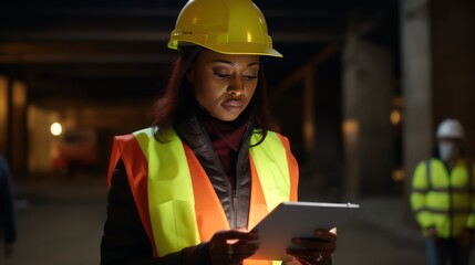 Portrait of a serious female accountant in warehouse. African American businesswoman in hardhat standing in his fabric warehouse and working with tablet PC.