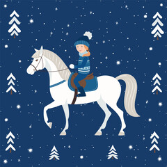 Cute cartoon girl on a white horse in the winter forest