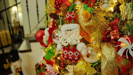 Close ups of Christmas' tree decorations with lots of ornaments. 