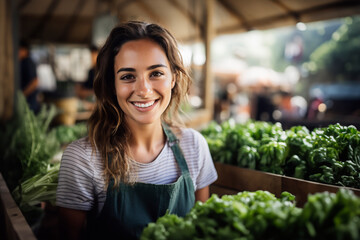 Smiling Friendly female farmer Selling Fresh Local Vegetable at Farmers Market. The concept of healthy eating. Organic farm products.