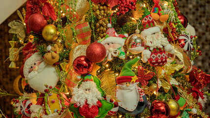 Close ups of Christmas' tree decorations with lots of ornaments. 