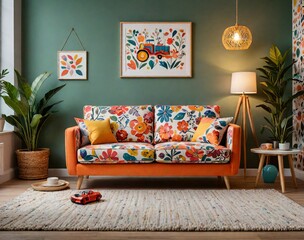 4. It is a playful and quirky sofa with colorful, patterned decorations set in a children's playroom with vibrant decorations. Generative AI