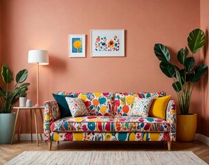 2. It is a playful and quirky sofa with colorful, patterned decorations set in a children's playroom with vibrant decorations. Generative AI