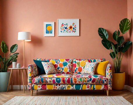 2. It is a playful and quirky sofa with colorful, patterned decorations set in a children's playroom with vibrant decorations. Generative AI
