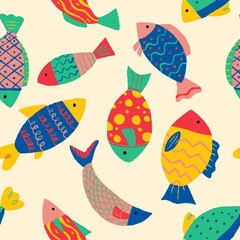 Colorful Fish Swimming Seamless Pattern. Can be used in fabric, paper, background, scrapbooking.