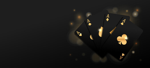 Flying vegas casino golden black poker cards. Clubs, diamonds, hearts, spades. Gambling addiction, risky money, huge jackpot, lucky game. Playing blackjack. Dark background. Vector illustration - obrazy, fototapety, plakaty