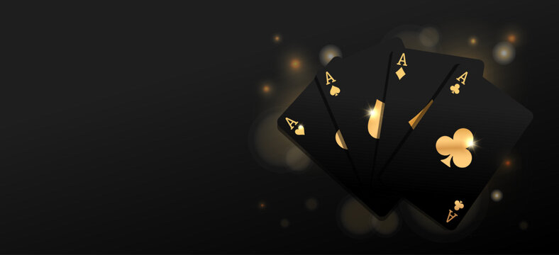 Flying vegas casino golden black poker cards. Clubs, diamonds, hearts, spades. Gambling addiction, risky money, huge jackpot, lucky game. Playing blackjack. Dark background. Vector illustration