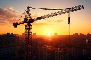 Silhouette of a construction crane against a city skyline at sunset. Generative AI