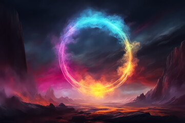 A cosmic landscape with a neon circle and smoke. Multicolored paints. Dark background. Fantasy. AI