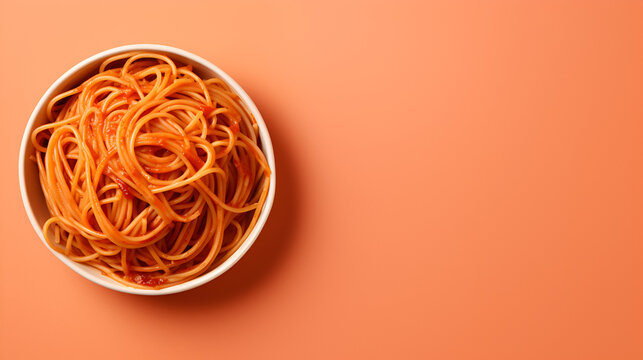 world spaghetti day, bowl of spaghetti on yellow minimalist background with copyspace