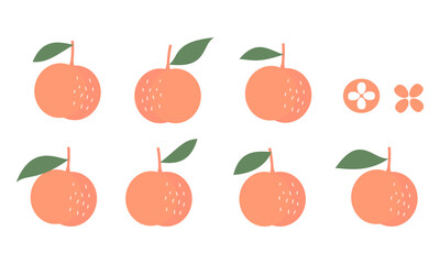 Peach fruit with green leaf icon set and cute flower icon sign isolated on white background vector.