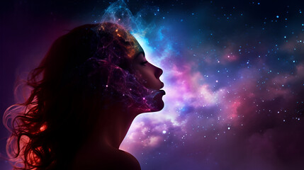 girl with thoughts beyond universe, Psychic Wave, silhouette of girl on galaxy 