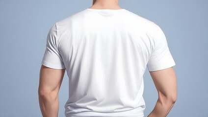 White T-Shirt Mockup on Male Model. Blank White T Shirt for Mockup on Muscular Guy Model. White Round Neck Tee Design Template on Male Model. Back View.