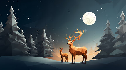 Stylized reindeer beside a low-poly Christmas tree under starry sky
