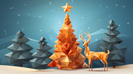Stylized reindeer beside a low-poly Christmas tree under starry sky