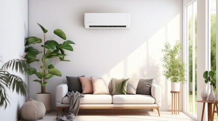 Energy efficient air conditioner with fresh natural in a modern living room. - obrazy, fototapety, plakaty