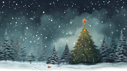 Snowy scene with a decorated Christmas tree and falling snow