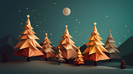 Geometric christmas trees on a snowy night with a radiant star, lowpoly low poly